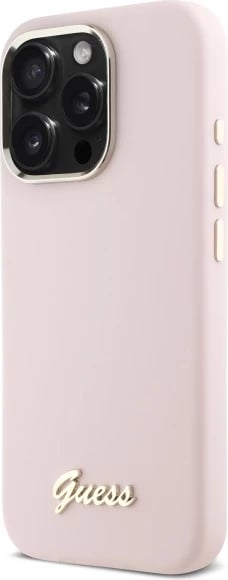 Mbështjellës Guess Silicone Script Metal Logo & Frame për iPhone 16 Pro Max, Rozë