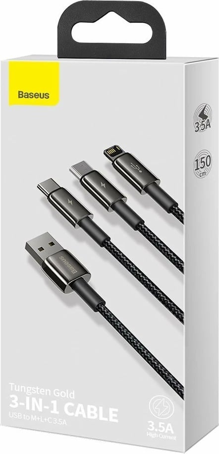 Kabllo 3-në-1 Baseus CAMLTWJ-01, USB në USB-C/Lightning/micro USB, 1.5m, e zezë Kabllo 3-në-1 Baseus CAMLTWJ-01, USB në USB-C/Lightning/micro USB, 1.5m, e zezë