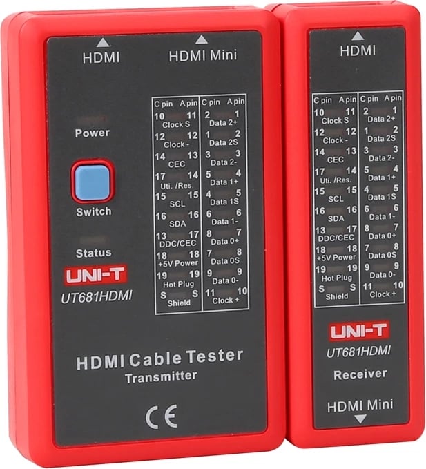 Tester kabllosh HDMI, UNI-T UT681HDMI, LED 19-pins, 3 modalitete testimi (fast/scan/full), mbështetje Mini HDMI, bateri 9V, kuq-gri, set transmetues + marrës