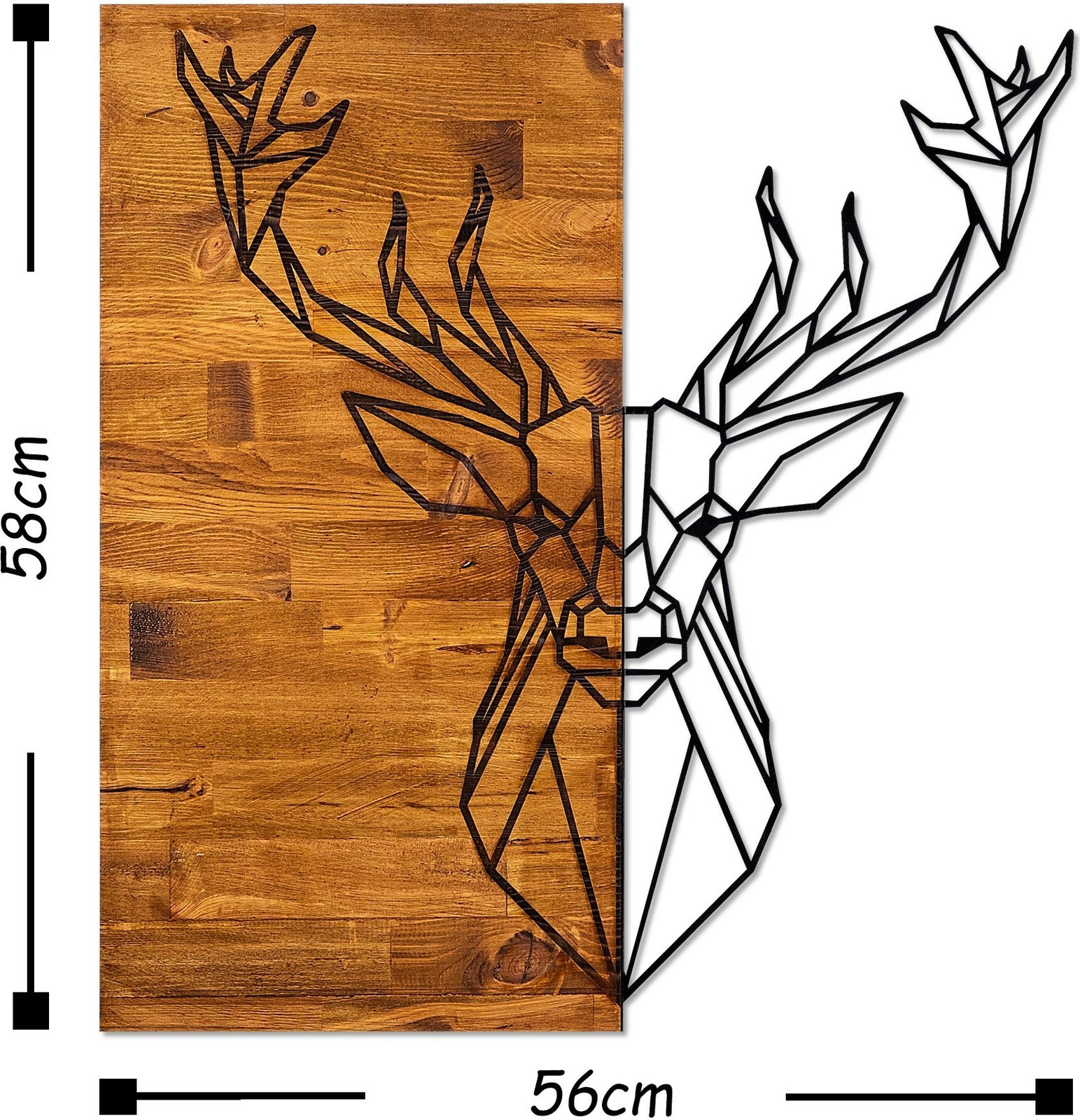 Aksesor dekorativ për mur, dru dhe metal, Wallity, Deer1, ngjyrë arre dhe e zezë, 56x58cm