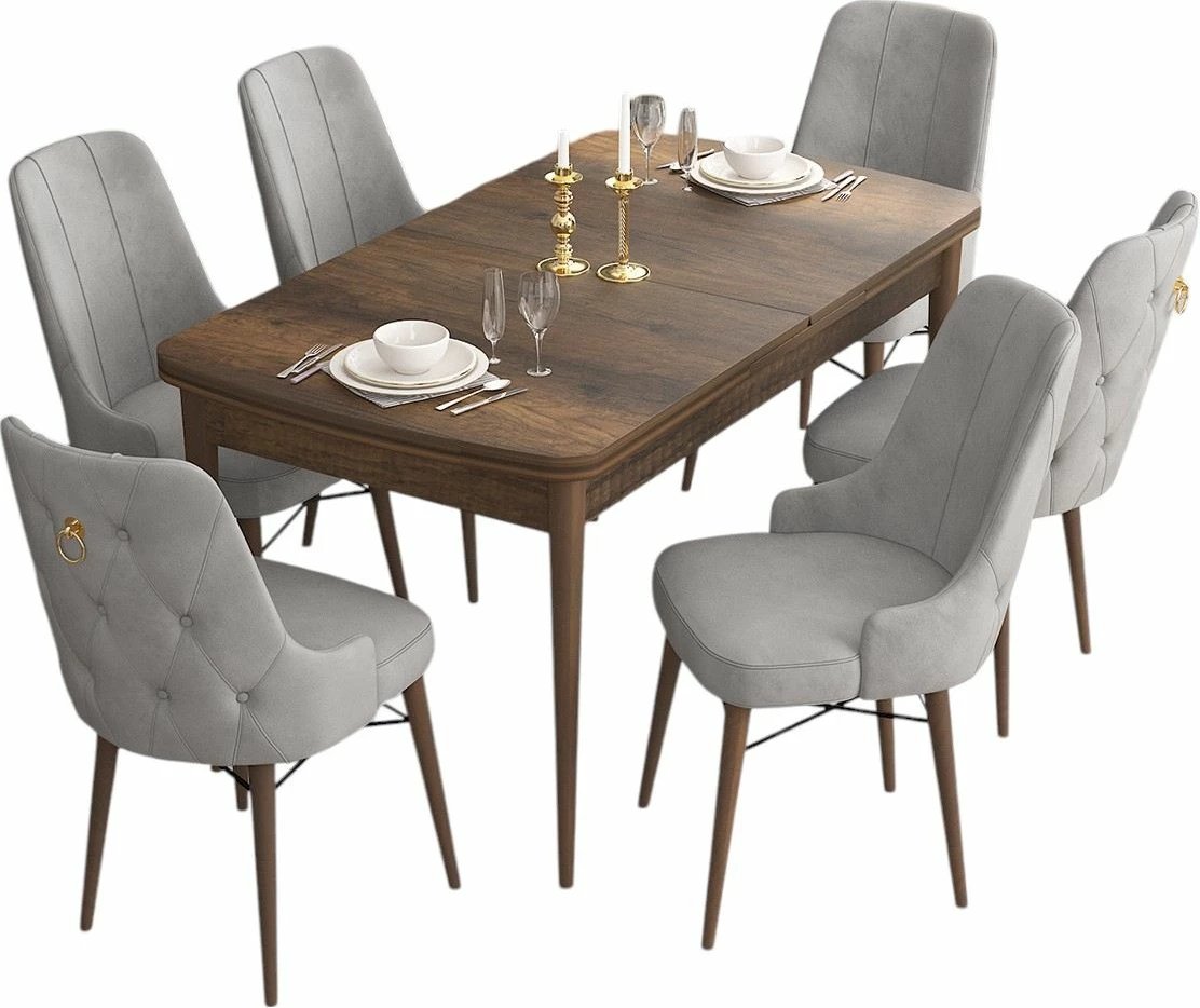 Set tavoline me karrige për ngrënie, zgjatshme, 7 pjesë, Skye Decor, Barok, gri