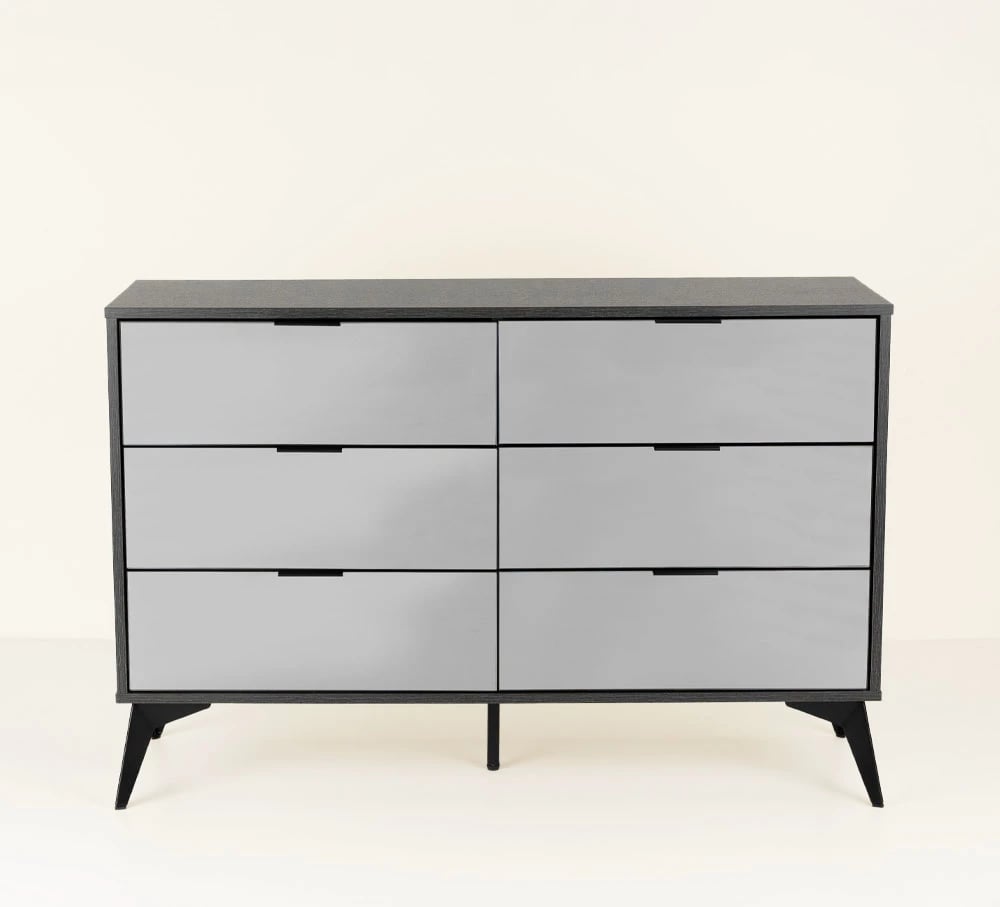 Komodë Specchio me 6 sirtarë, ngjyrë lis i zi, pasqyrë, 120x39x80