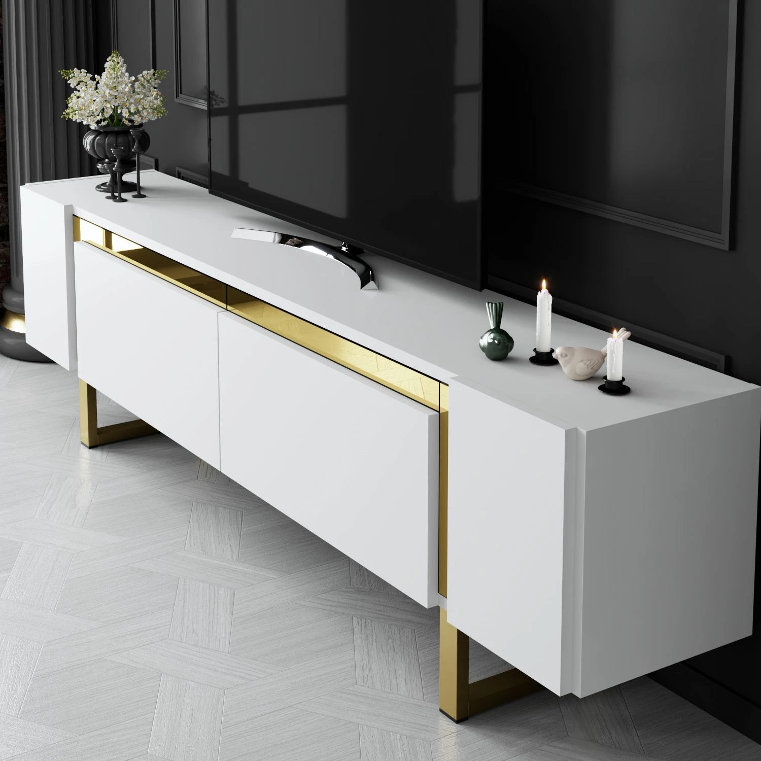 Komodë TV Hanah Home, Yildiz, e bardhë dhe ari