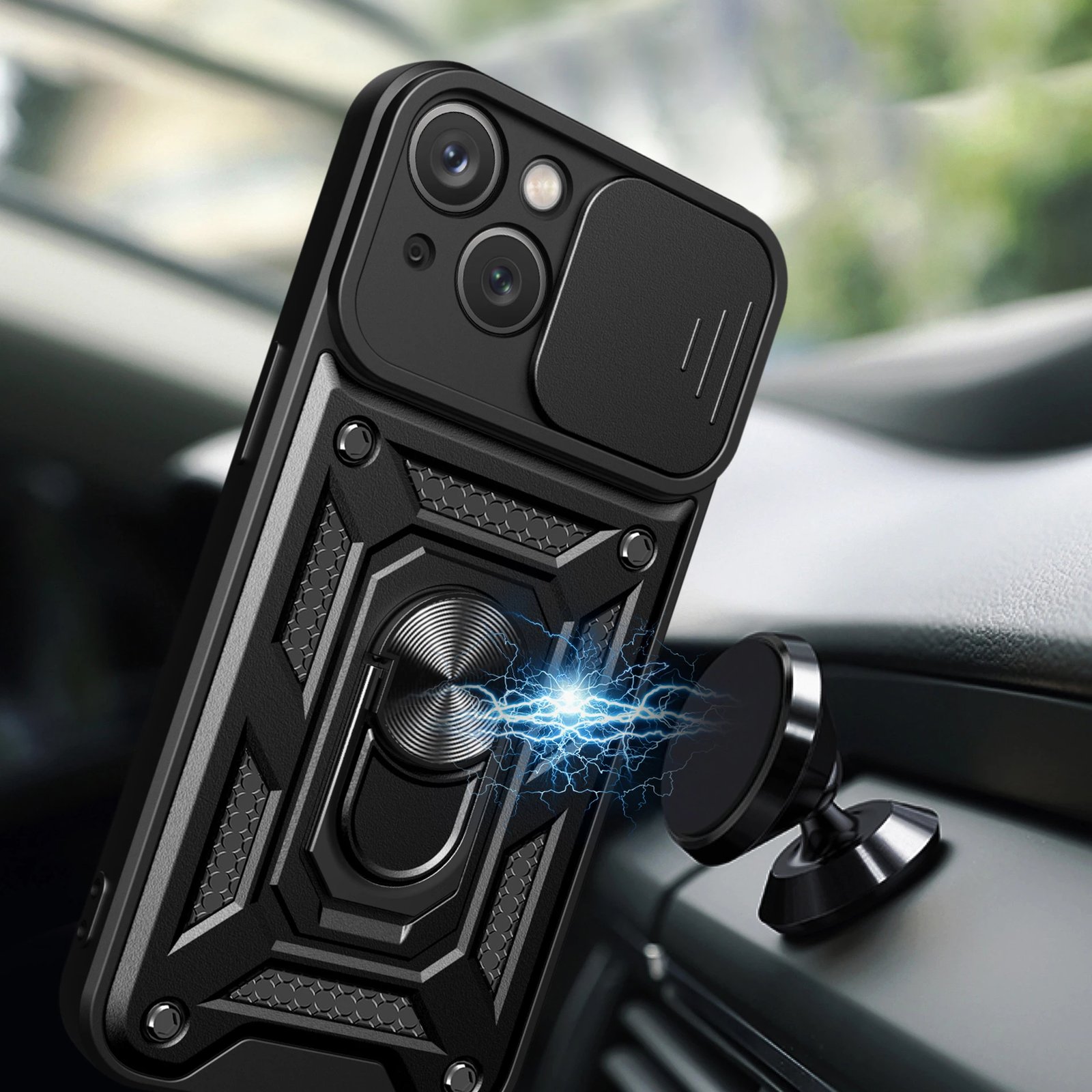 Mbështjellës Hurtel Hybrid Armor Camshield me mbajtëse dhe mbulesë kamere për iPhone 15 Plus, Zi