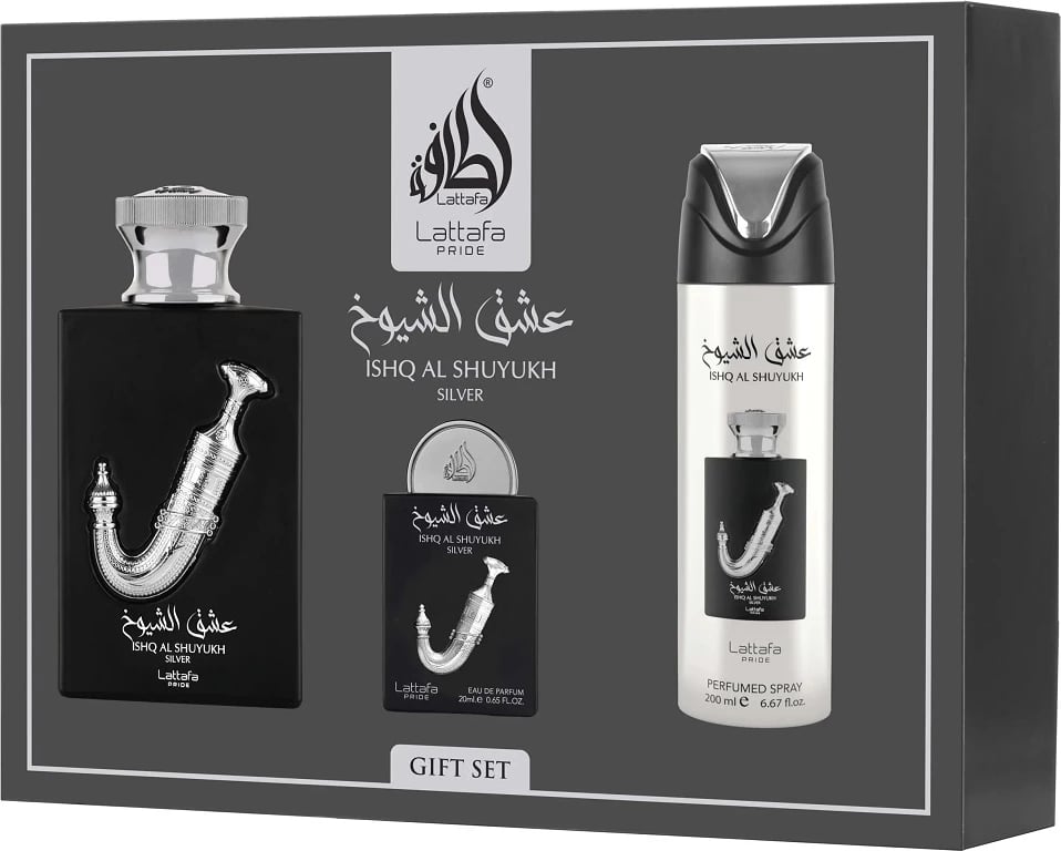 Set Eau de Parfum dhe deodorant unisex Lattafa Ishq Al Shuyukh Silver 100ml + 20ml + 200ml