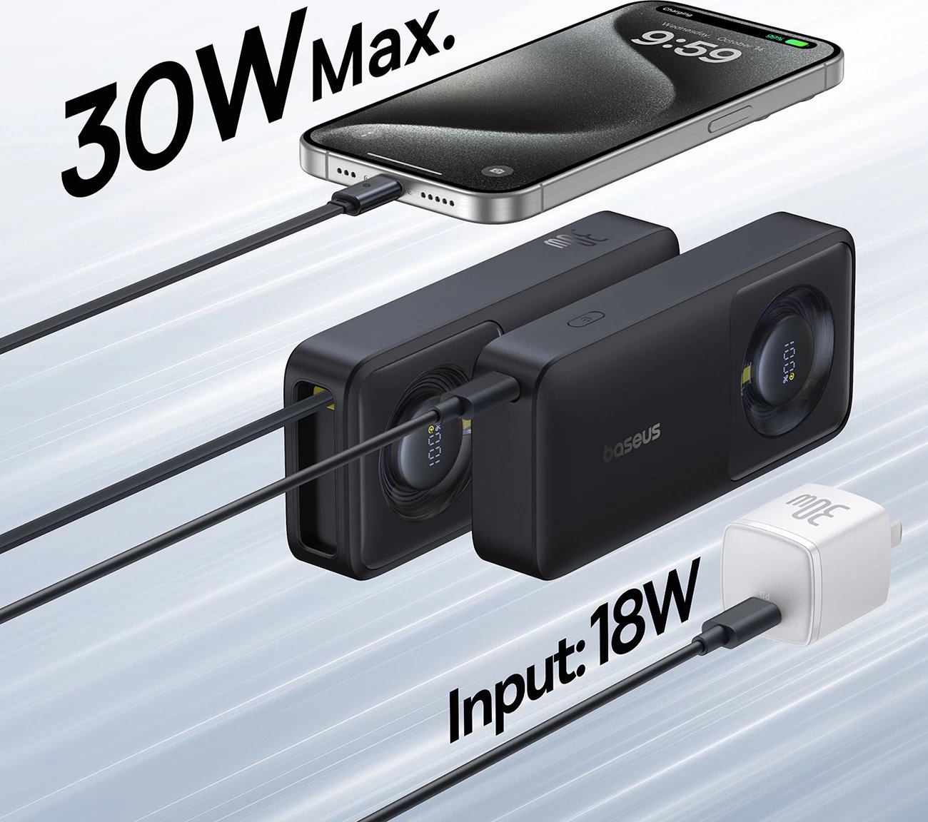 Powerbank Baseus Free2Pull 10000mAh, 30W, me kabllo USB-C tërheqëse, e zezë