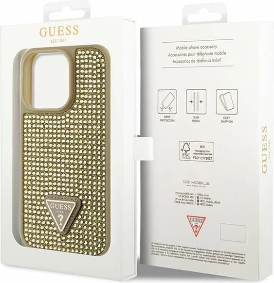 Mbështjellës Guess GUHCP14LHDGTPD për iPhone 14 Pro 6.1", Rhinestone Triangle, ari
