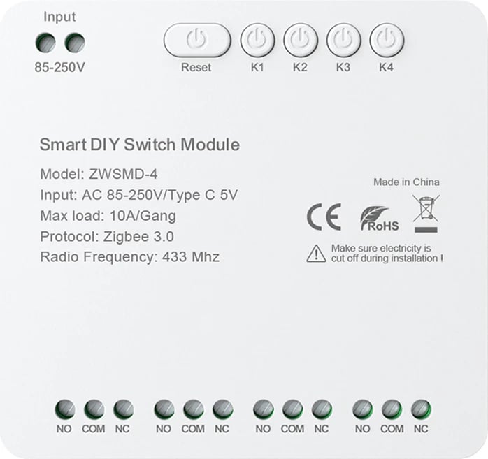 modul switch ZigBee me kontakt të thatë 4‑kanal Avatto ZWSMD-4-250V 10A/grup, Zigbee 3.0, RF 433 MHz, input AC 85–250V ose USB-C 5V