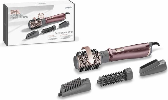 Furçë rrotulluese flokësh me ajër të nxehtë, BaByliss AS960E, 1000W, 4-në-1, jonizim, 2 nivele temperature, me shtojca, rozë metalike