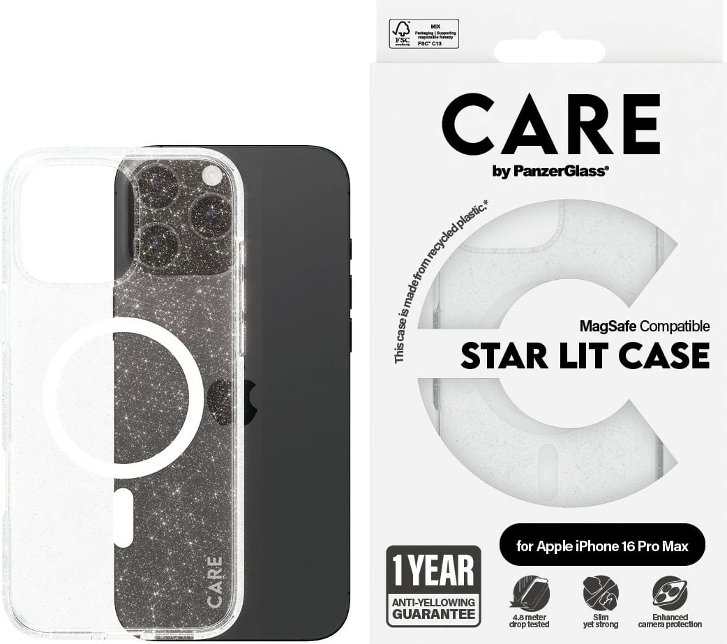 Mbështjellës PanzerGlass CARE Case Star Lit White MagSAFE për iPhone 16 Pro Max, transparent