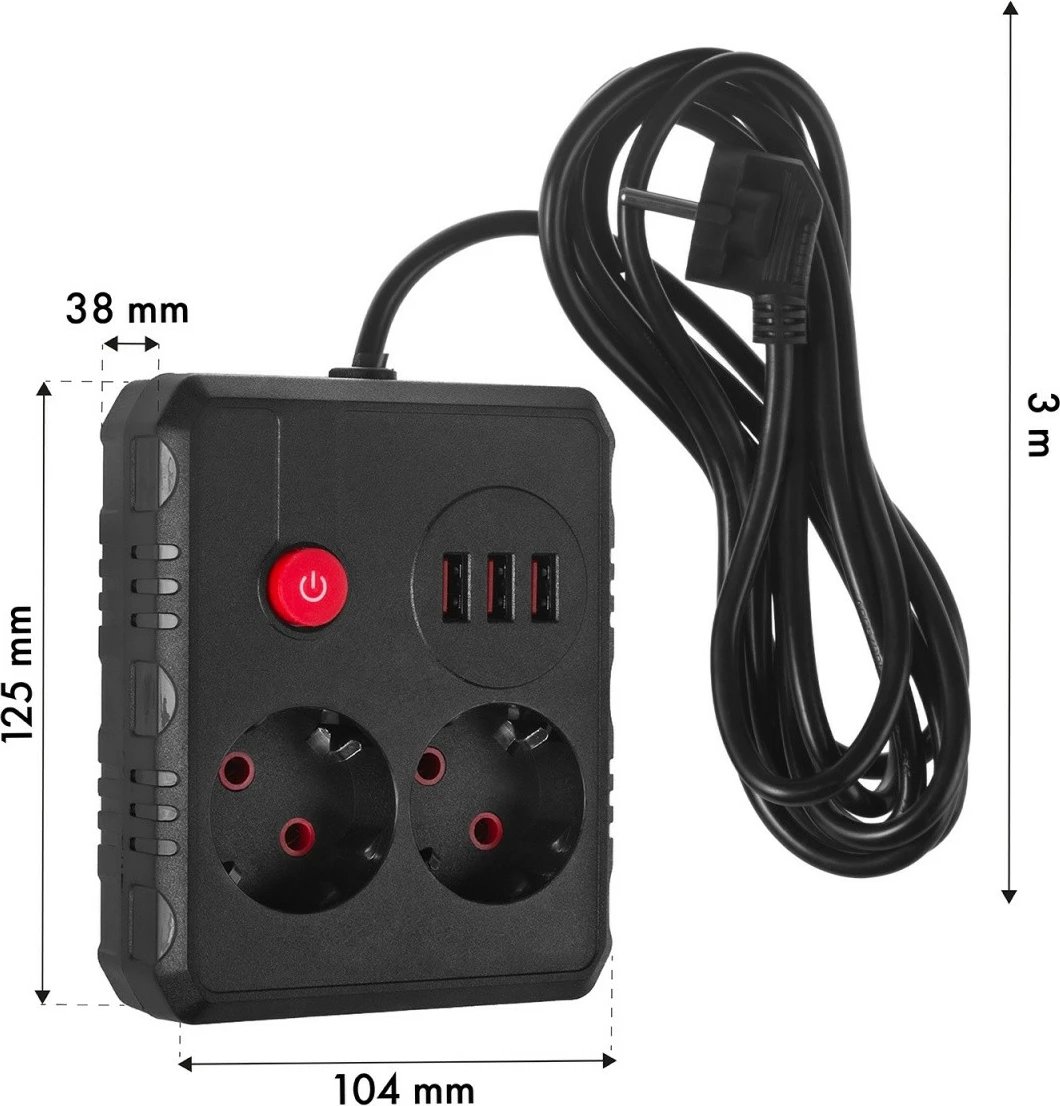 Listelë rryme, Maclean MCE388 B, 2 priza Schuko + 3x USB, 2500W, kabllo 3 m, me çelës, e zezë