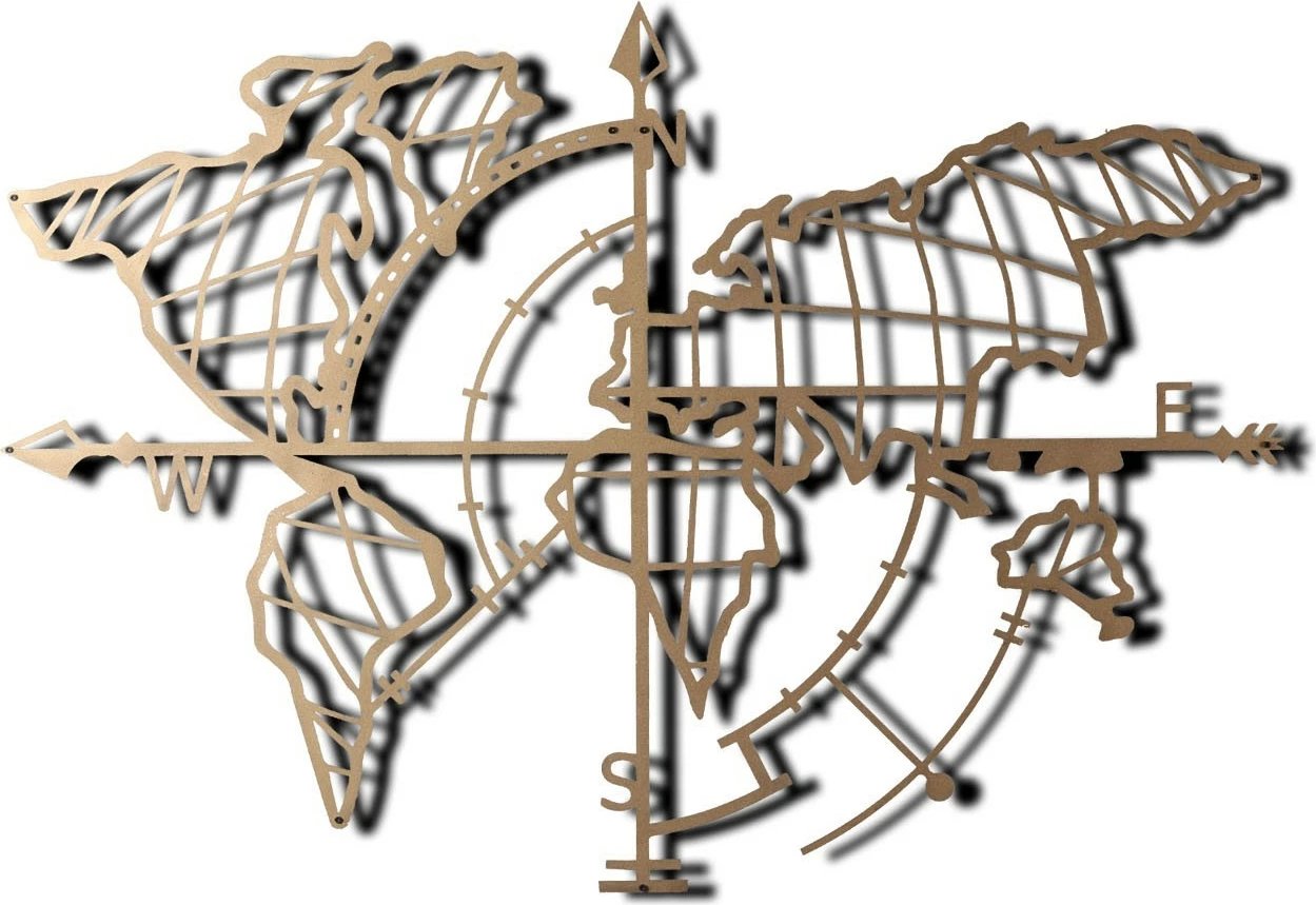 Aksesor dekorativ metalik për mur, hartë bote me busull, LED, ngjyrë ari