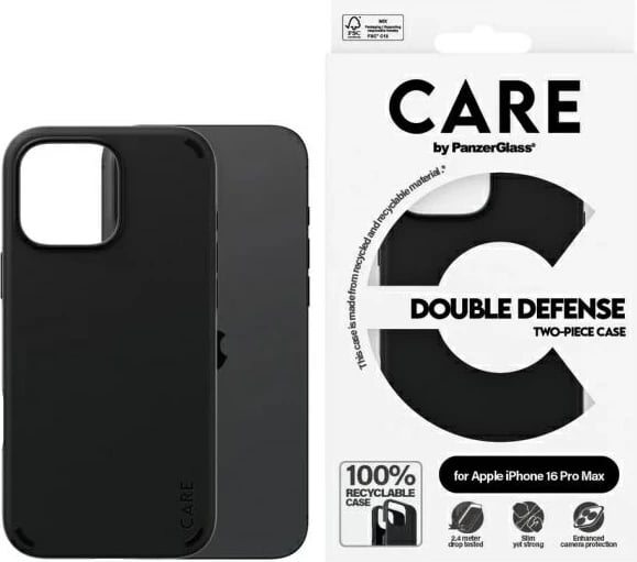 Mbështjellës PanzerGlass CARE Feature Double Defense për iPhone 16 Pro, Zi