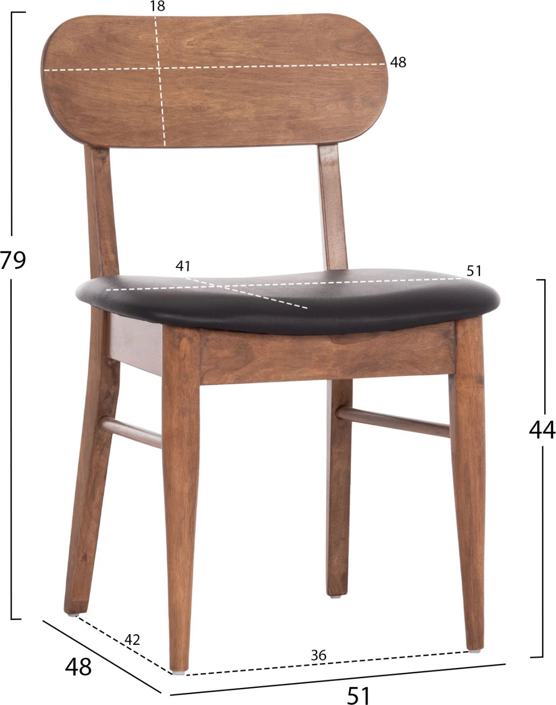 Karrige ngrënieje SEKOR, set 2 cope, dru kauçuku, ngjyrë arre, ulëse lëkurë sintetike e zezë, 51x48x79cm