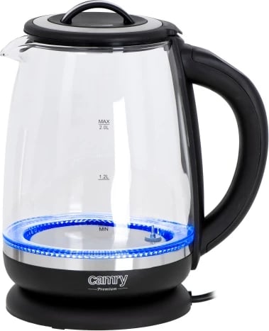 Zierës uji elektrik, Camry CR 1290, xham 2.0 L, kontroll temperature 60–100°C, shportë çaji, i zi