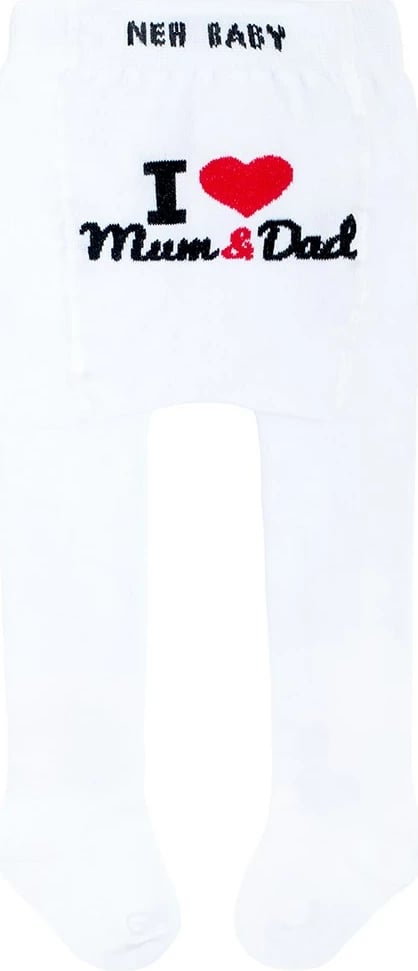 çorape-pantallona bebe, New Baby, pambuk 80%, motiv "I Love Mum and Dad", madhësia 56 (0-3m), të bardha
