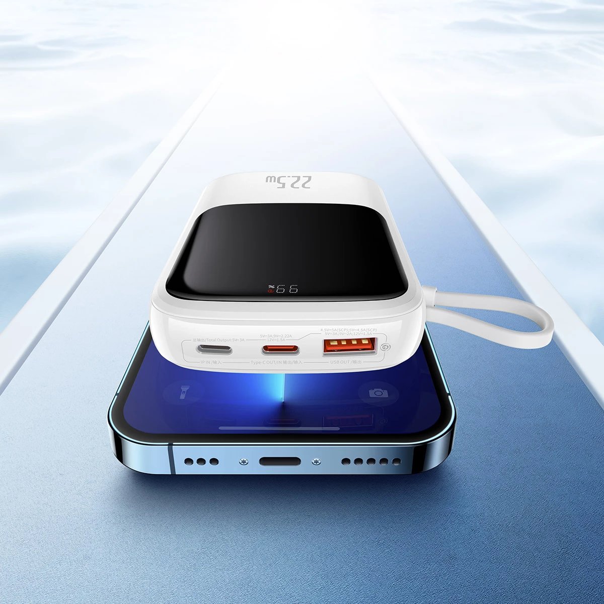 Powerbank Baseus Qpow 10000mAh me kabllo USB Type-C të integruar, 22.5W, Bardhë
