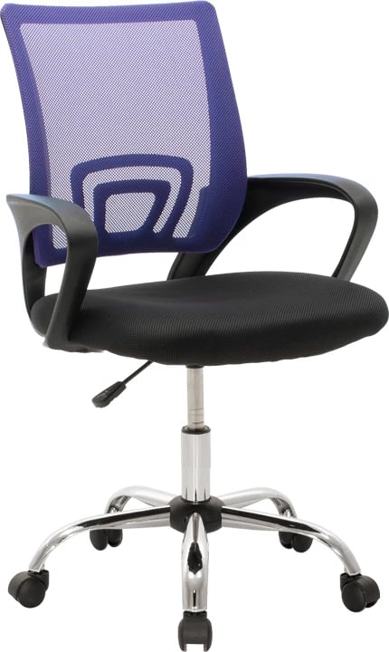 Karrige zyre Berto II, mbështetëse rrjete, ngjyrë kaltër-e zezë, bazë kromi, 60x48x85-95cm