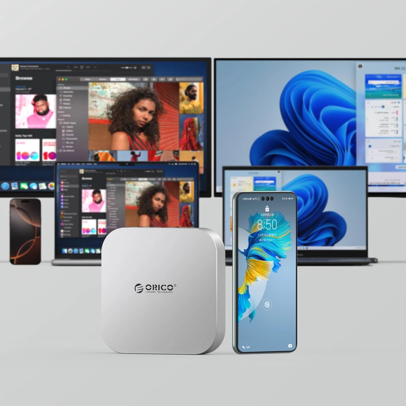 Docking station, Orico MiniLink, 9-në-1 me bay M.2 SSD NVMe, USB-C, për Mac mini/PC, argjendtë