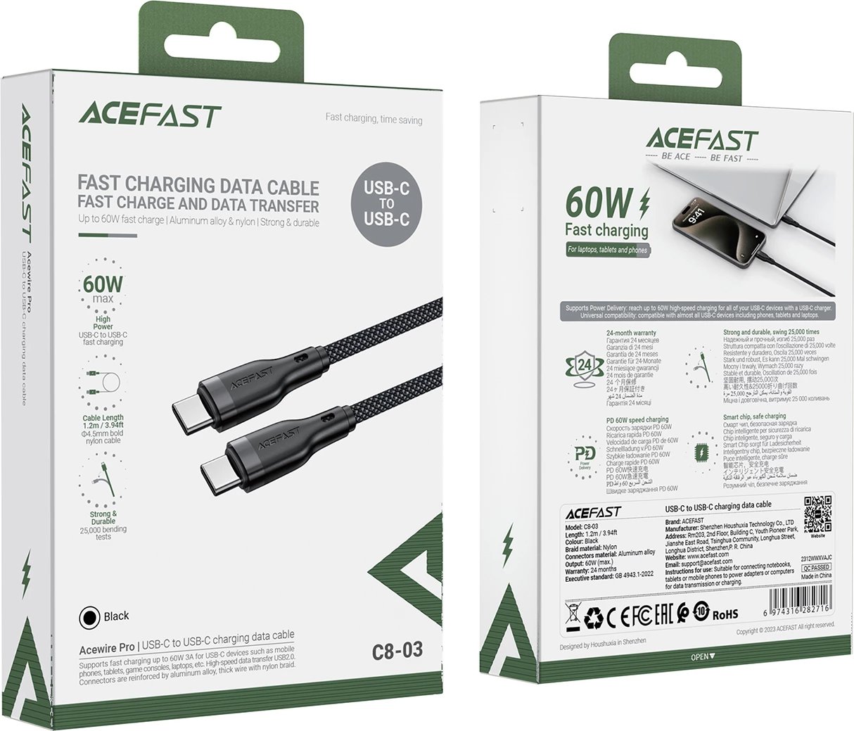 Kabllo Acefast C8-03 USB-C në USB-C, 1.2m, 60W, e zezë