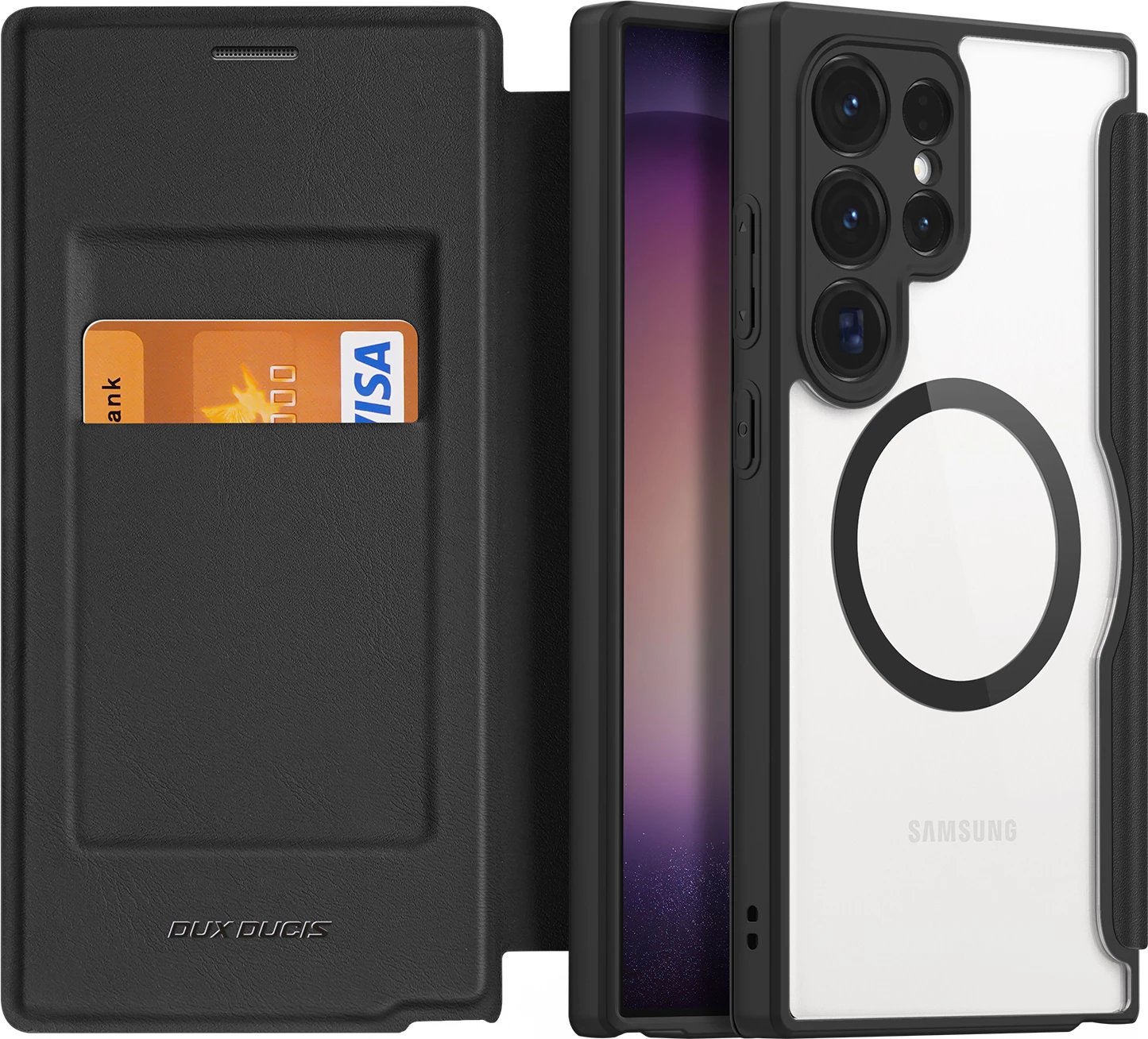 Mbështjellës Dux Ducis Skin X Pro për Samsung Galaxy S24 Ultra me unazë magnetike dhe kapak, e zezë