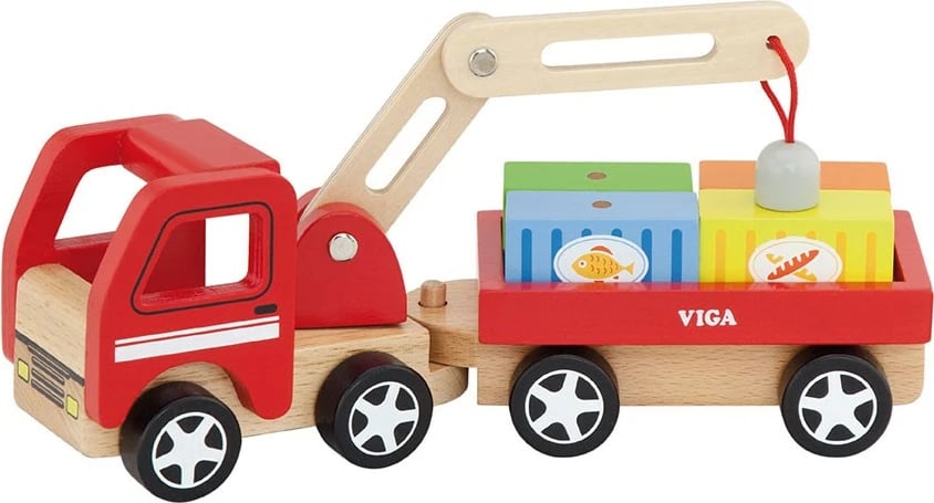 Lodër druri kamion me vinç magnetik, Viga, 4 kontejnerë magnetikë, 18+ muaj, multingjyrësh, set