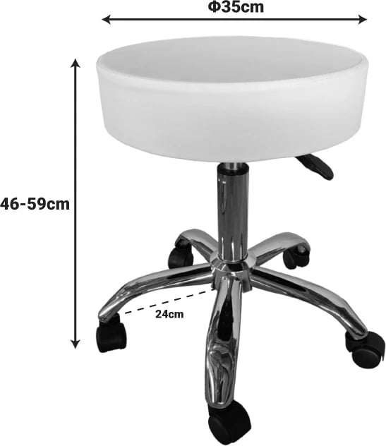 Stool pune rrotullues Tebere, lëkurë PU e bardhë, bazë metalike, 35x35x45-57cm