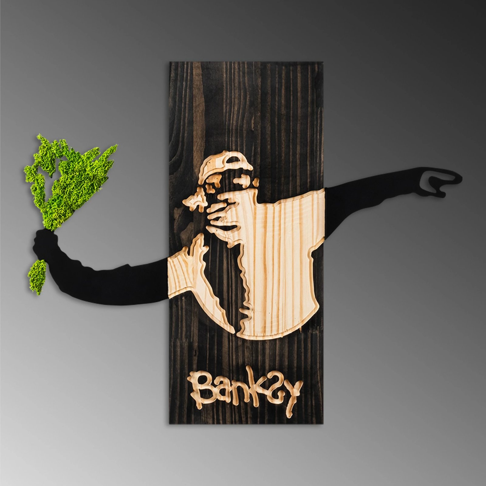 Aksesor muri dekorativ prej druri, Wallity, Banksy - Flower Thrower 2, ngjyrë e zezë, arre, e gjelbër, 69x58x3cm