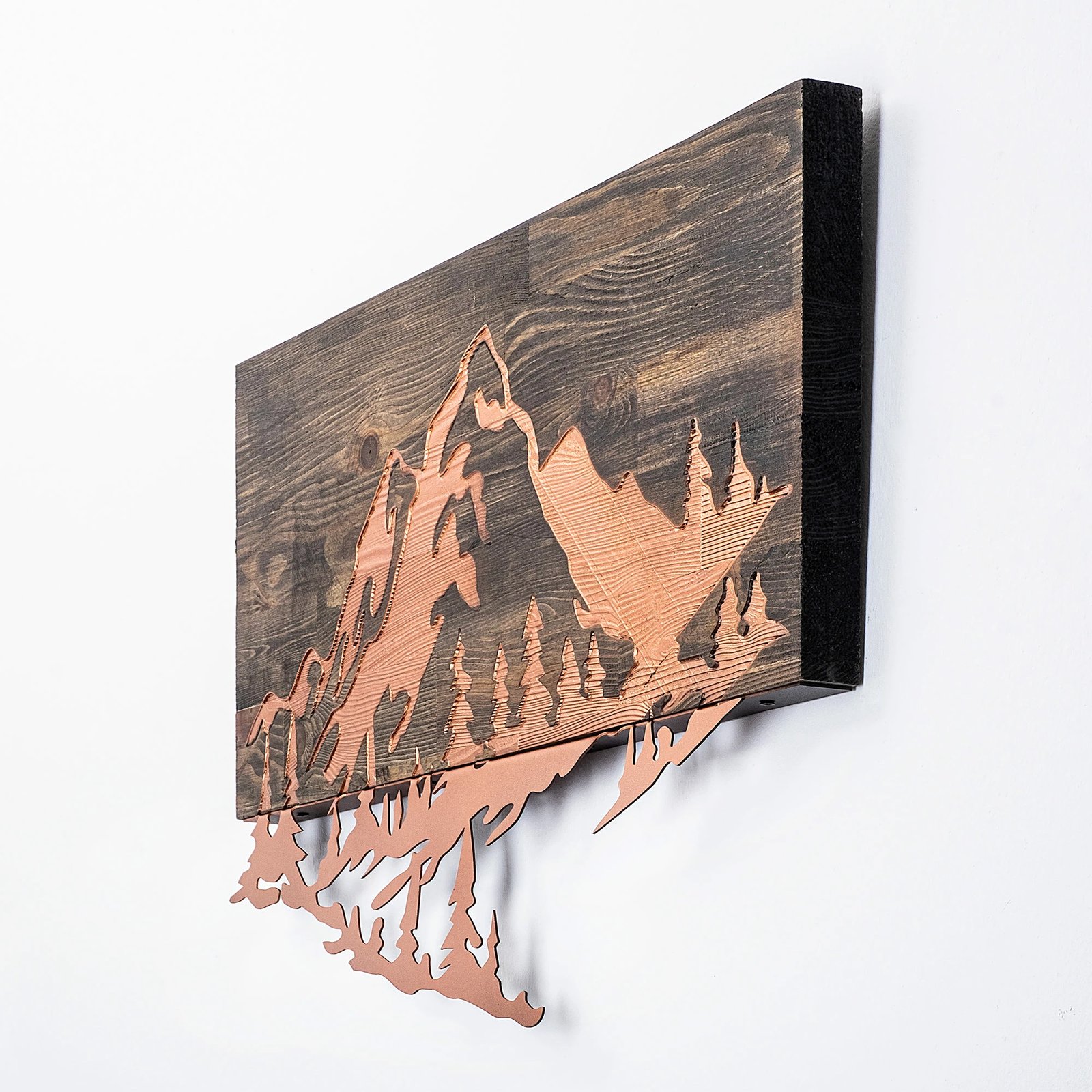 Aksesor dekorativ për mur, dru dhe metal, Wallity, Mountain v2, ngjyrë arre dhe bakri