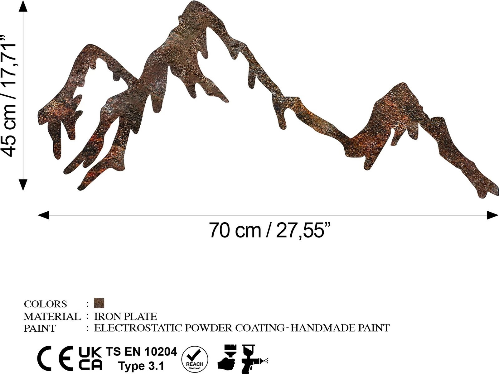 Aksesor dekorativ muri prej metali, Rusty Mountain, ngjyrë antike, 45x70cm