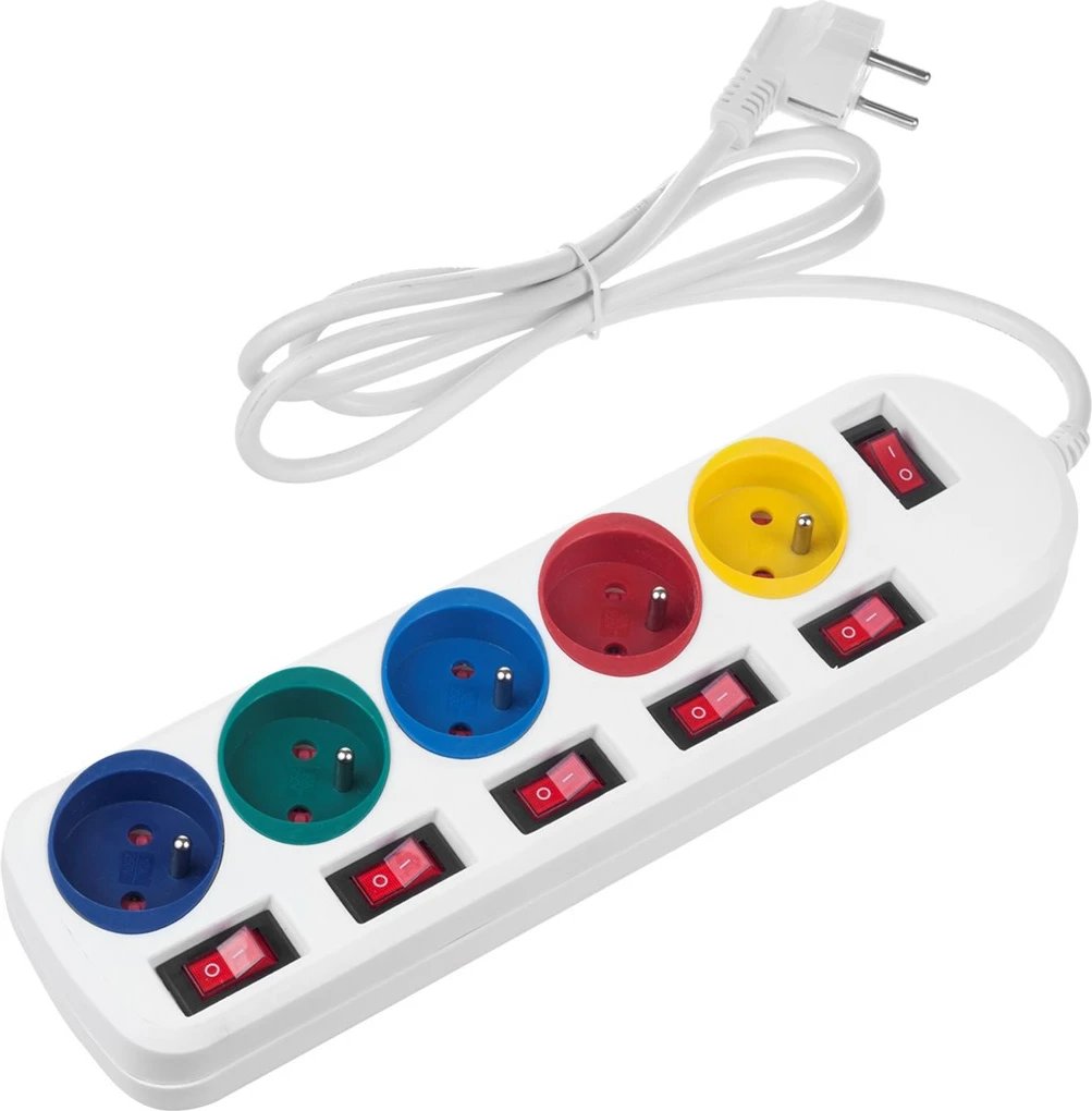 Shtrirës Maclean MCE204, 5 priza, me ndërprerës, 1.5m, Shumëngjyrësh