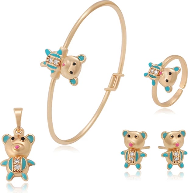 Set për fëmijë Xuping të praruara në ari 18 karatësh V2UBF - varëse + vathë + unazë + byzylyk, artë/kaltër