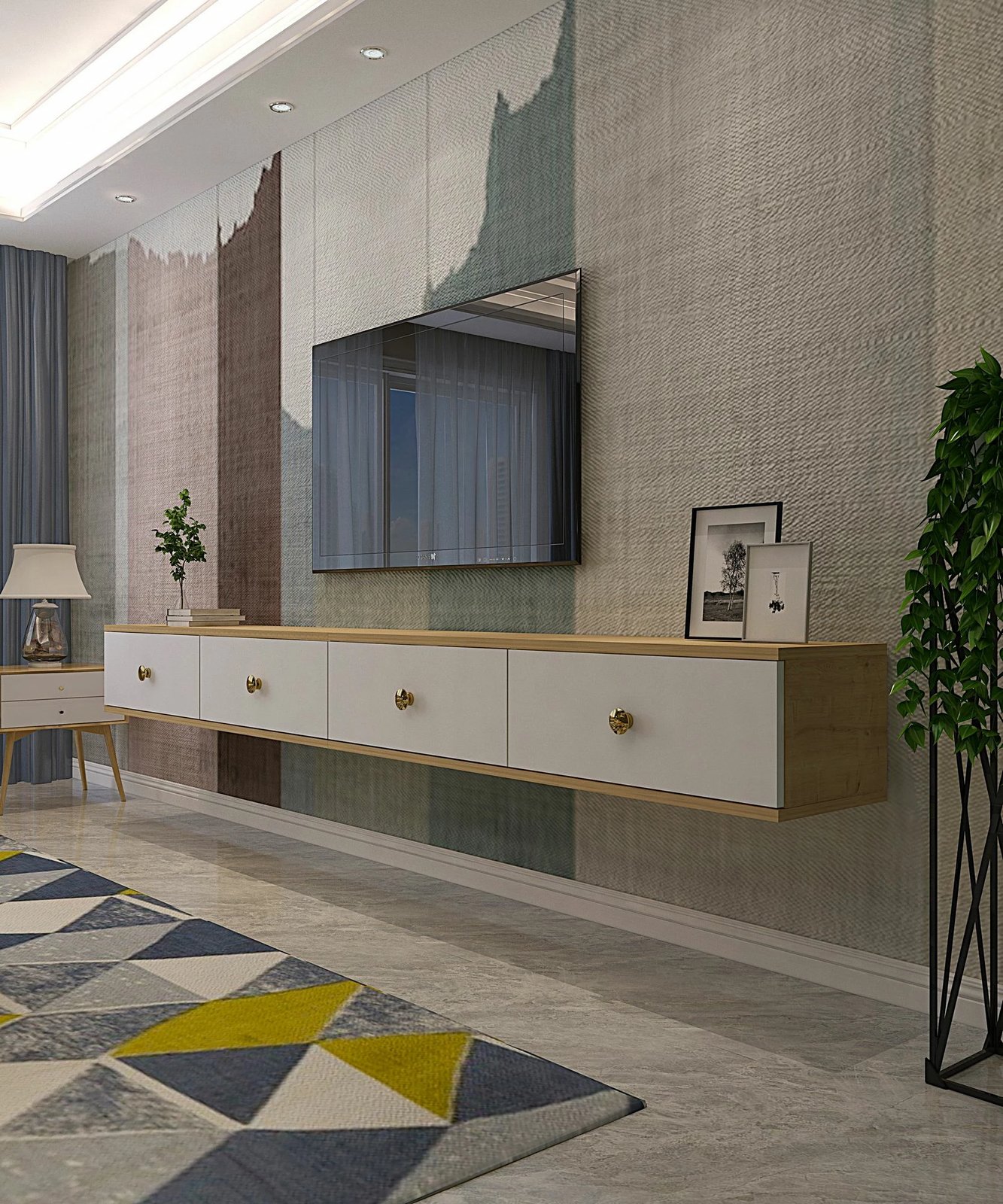 Komodë për TV Skye Decor, Zuzu Double, ngjyrë lis safir dhe e bardhë