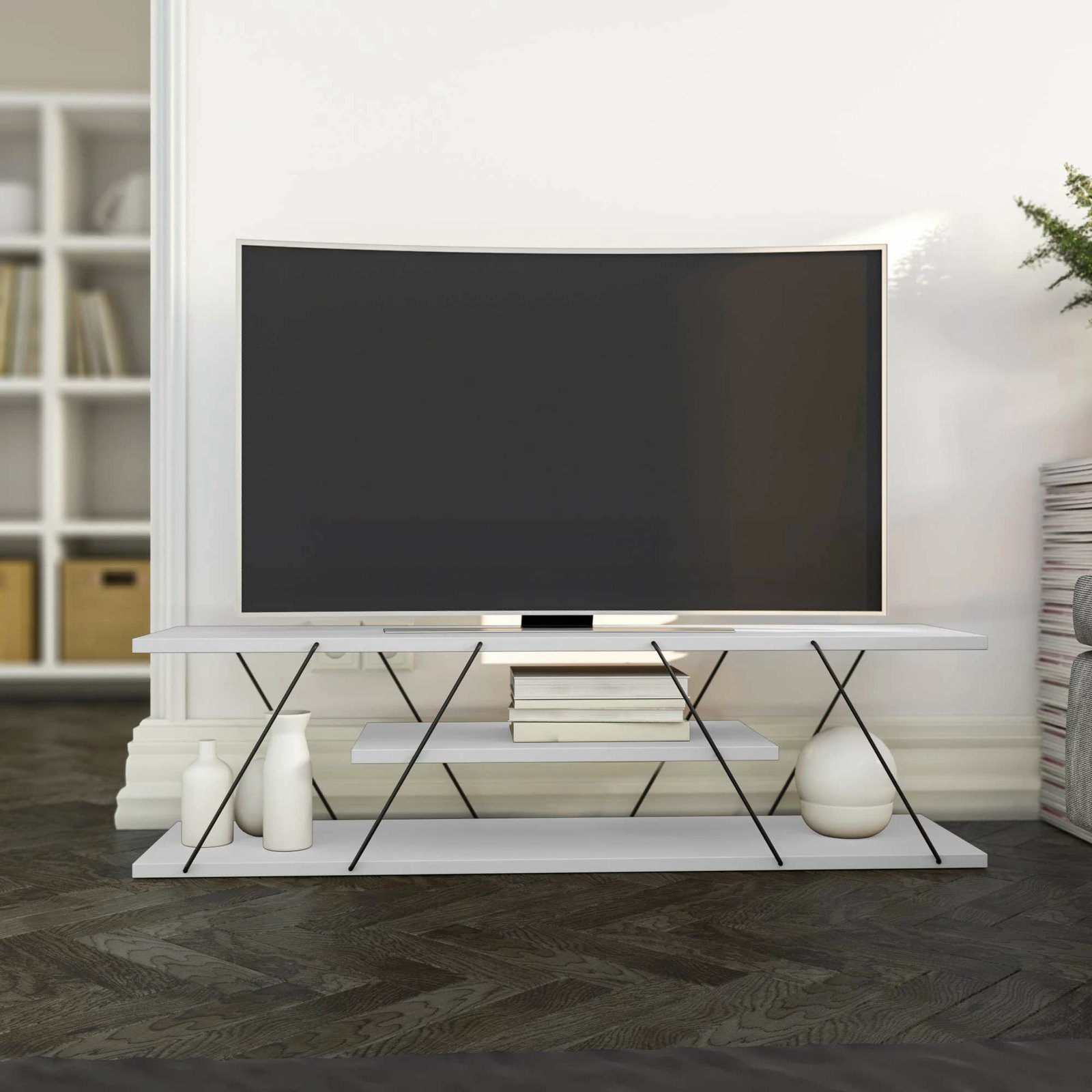 Komodë për TV Hanah Home, Canaz v2, e bardhë dhe e zezë