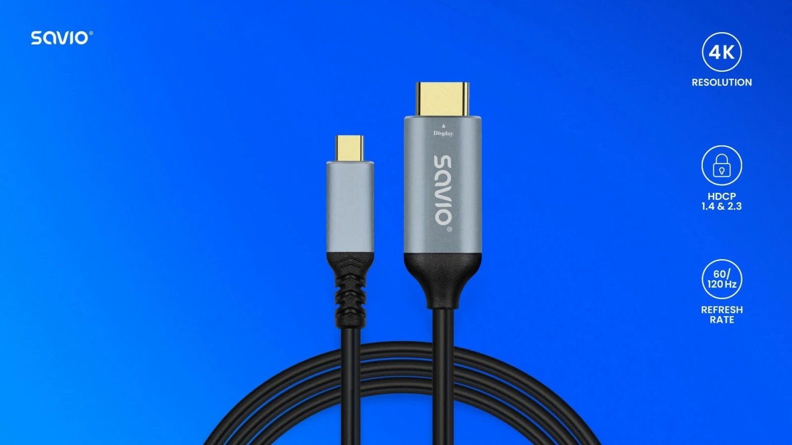 Kabllo USB-C në HDMI Savio CL-184, 3m, Gri