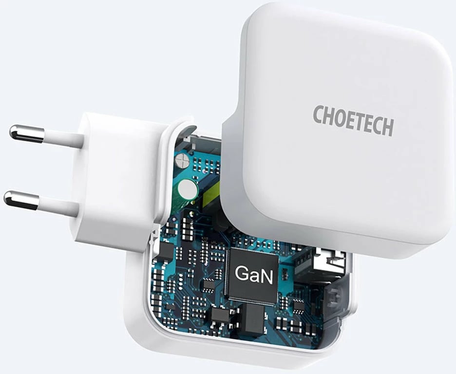 Karikues muri Choetech PD8002, GaN, 65W, 2 porta (USB-C + USB-A), Bardhë