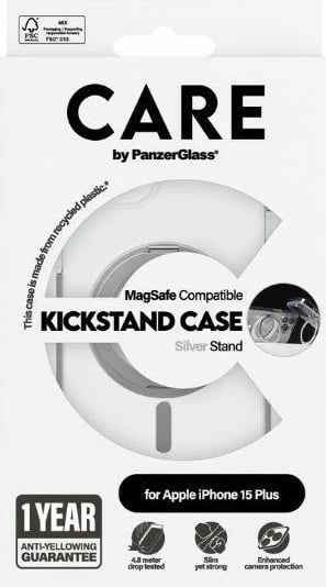 Mbështjellës PanzerGlass Kickstand Case MagSafe për iPhone 15 Plus, argjend