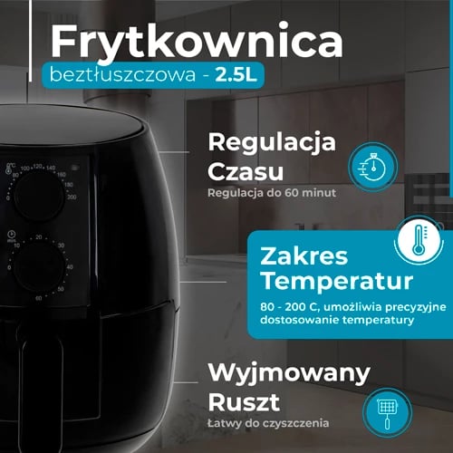 Fritezë me ajër, Adler AD 6312, 2.5 L, 1600W, 80-200°C, kohëmatës 60 min, e zezë
