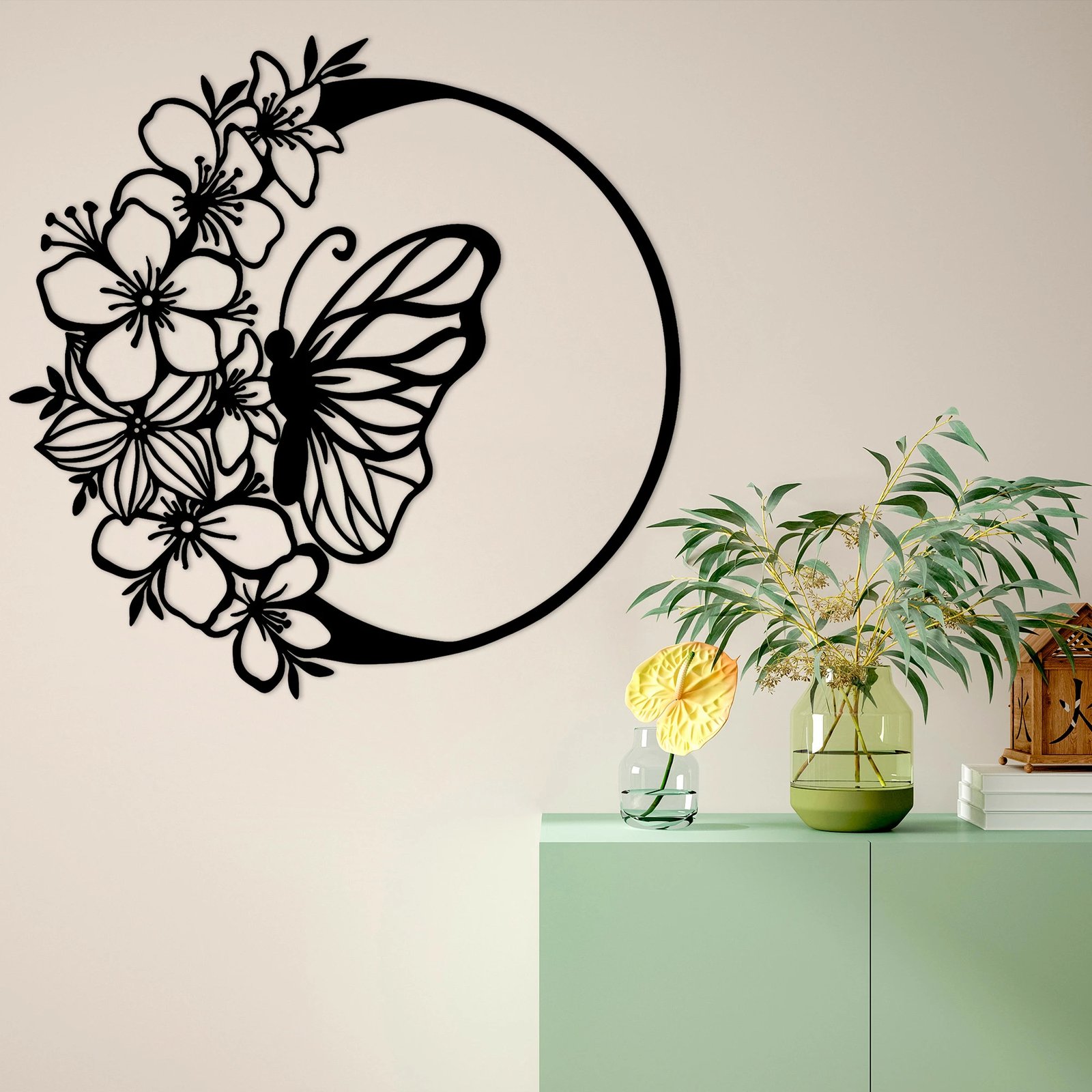 Aksesor dekorativ metalik për mur, flutur dhe lule, Wallity