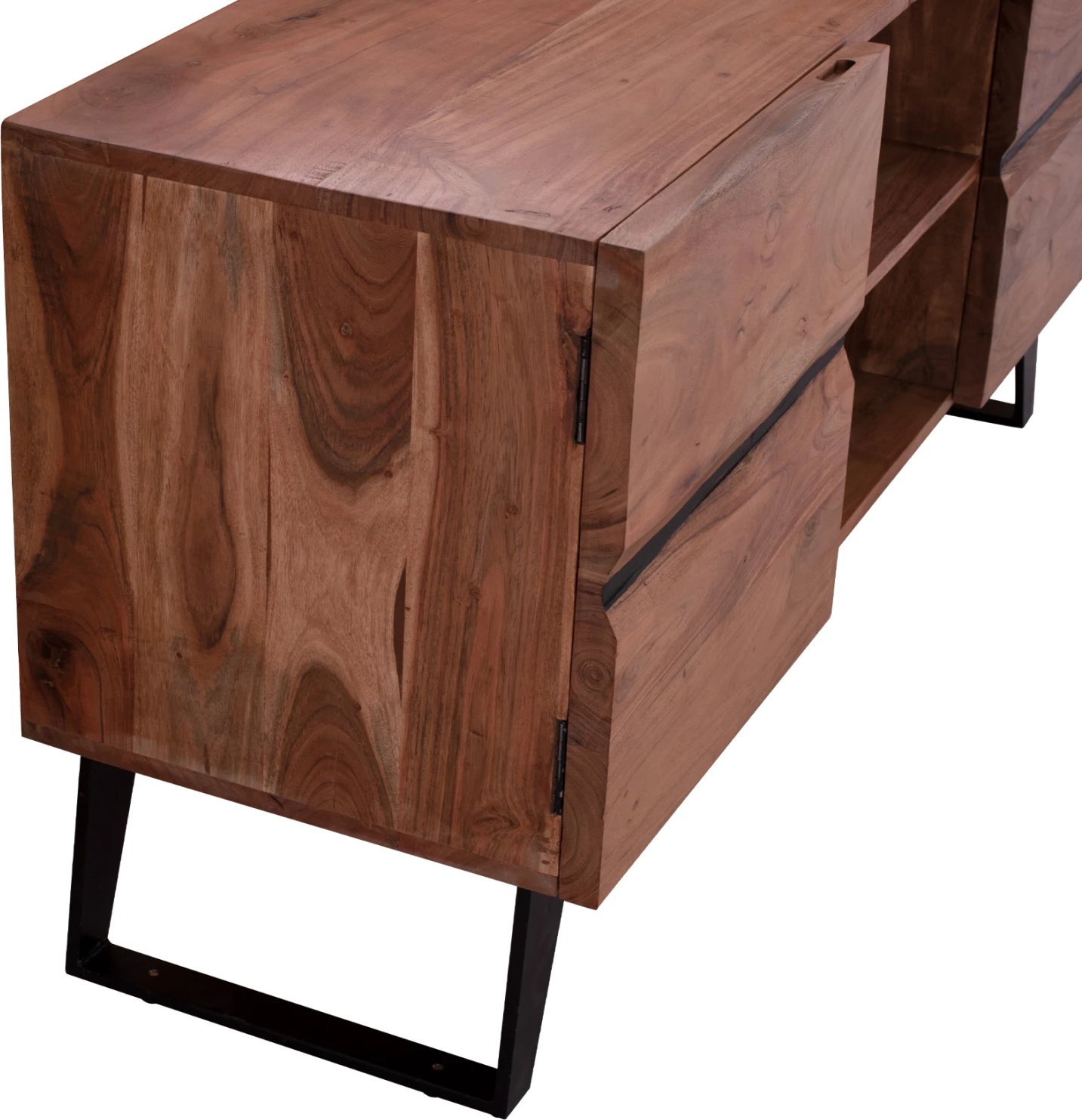 Komodë TV Alicia, dru akacie masiv, ngjyrë natyrale, këmbë metalike të zeza, 130x43x66 cm