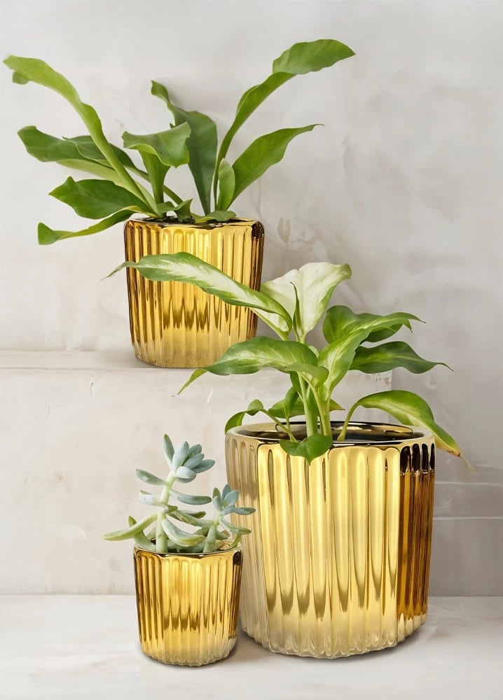 Set vazo dekorative prej qeramike, ngjyrë ari, 3 copë, 18x18x18 cm