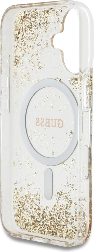 Mbështjellës Guess HC Resin Bottom Glitter MagSafe për iPhone 16 6.1", hardcase TPU/PC me unazë magnetike MagSafe, ari