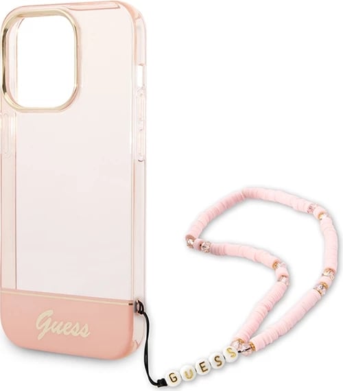 Mbështjellës Guess GUHCP14LHGCOHP për iPhone 14 Pro 6.1", hardcase, Translucent Pearl Strap, rozë