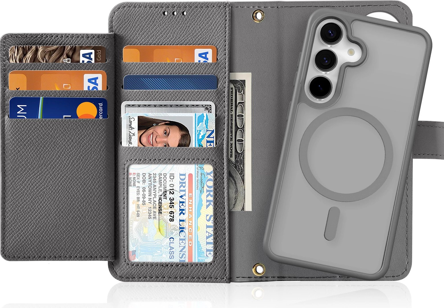 Mbështjellës Dux Ducis Lawa për Samsung Galaxy S25, lëkurë, me portofol magnetik të ndashëm, Gri