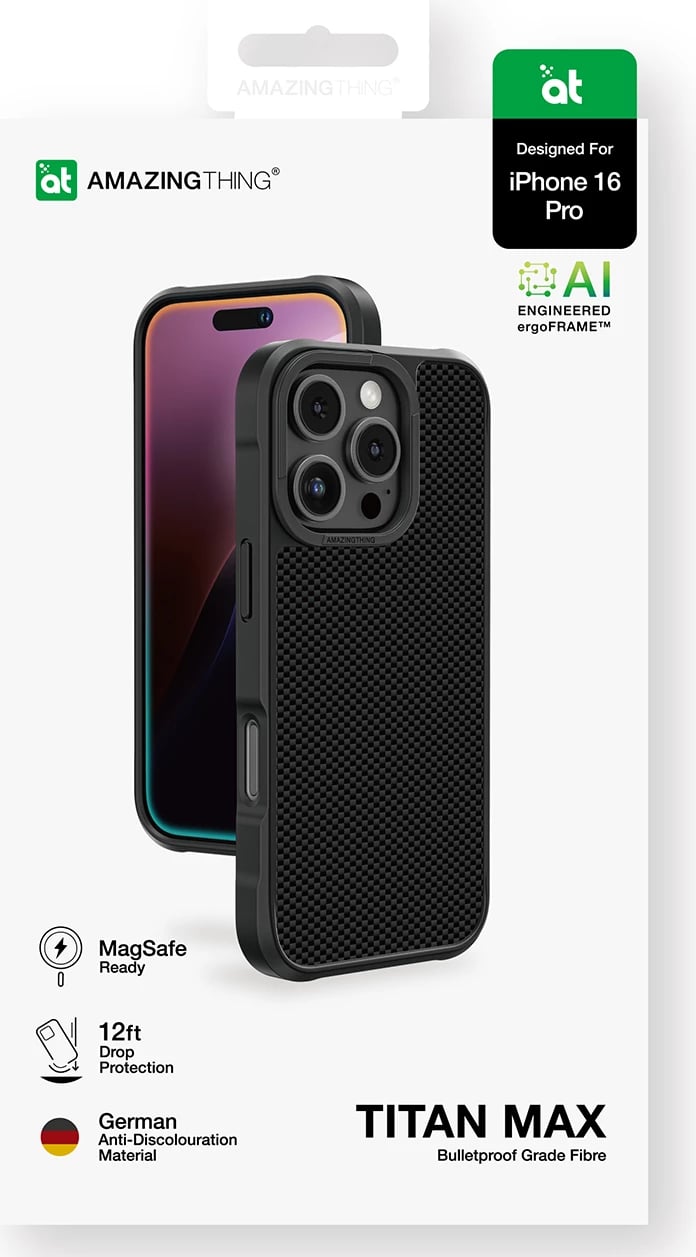 Mbështjellës AmazingThing Titan Max për iPhone 16 Pro, 600D aramid fiber, zi