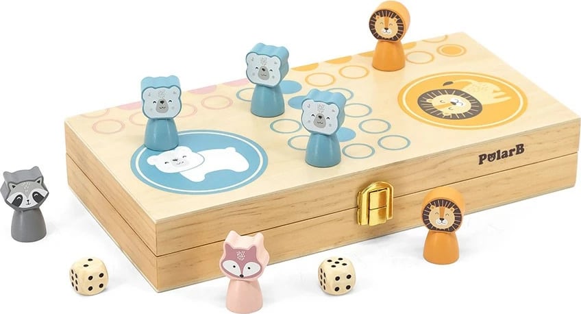 lojë tavoline druri, Viga, Mos u Zemëro, set me 16 figura kafshësh dhe 4 zara, kuti druri, multikolor