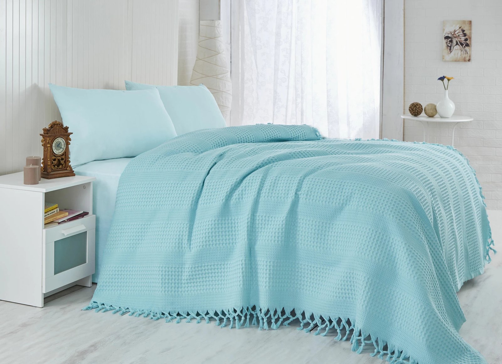 Çarçaf dopio pique, ngjyrë turquoise, 220x240cm, me thekë, pambuk 100%