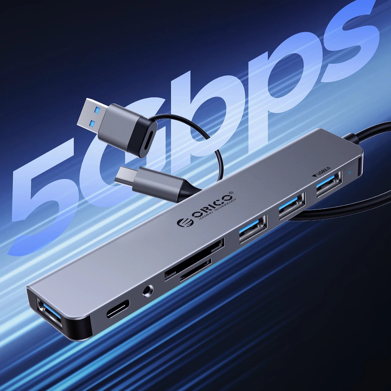 Kasë Orico YSA2-U3 me 7 porta USB-A/USB-C, Gri