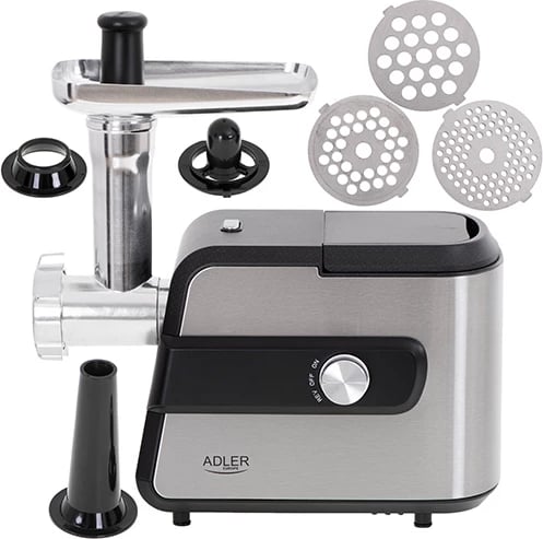 Grirëse mishi elektrike, Adler AD 4813, 1.0 kg/min, 2000W max 600W, 3 sita inox 3/5/7 mm, rende perimesh me 3 daulle, çelik inox, e zezë/argjend Grirëse mishi elektrike, Adler AD 4813, 1.0 kg/min, 2000W max 600W, 3 sita inox 3/5/7 mm, rende perimesh me 3 daulle, çelik inox, e zezë/argjend