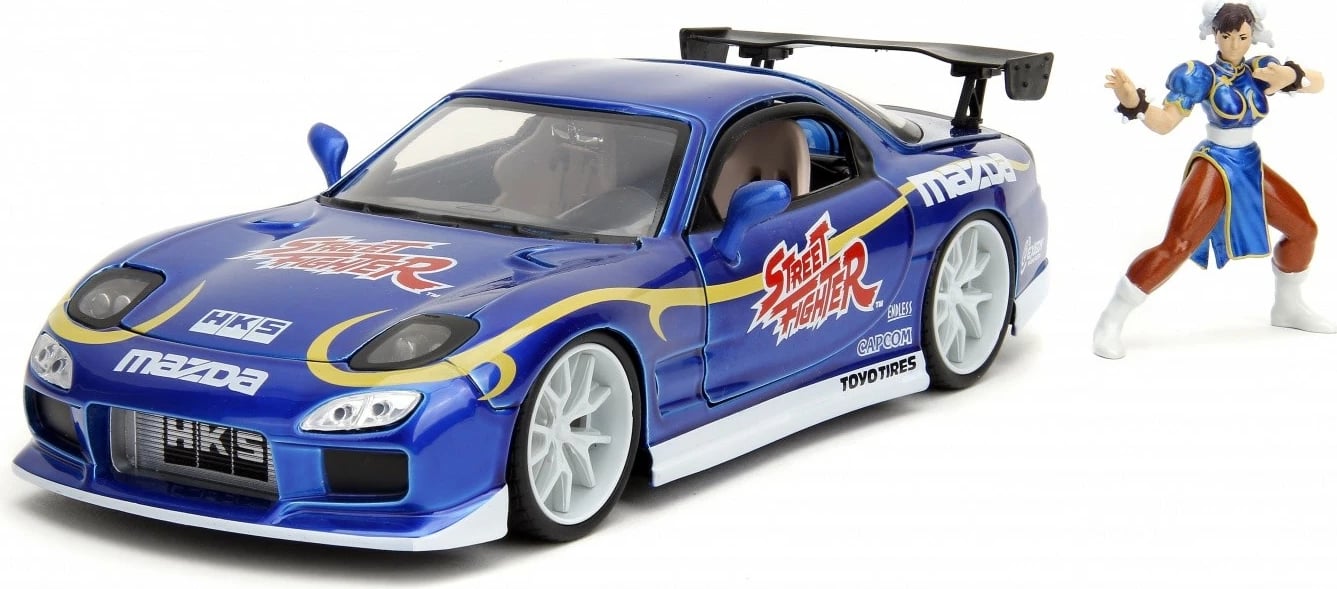 Model makine JADA TOYS Street Fighter 1993 Mazda RX7 1:24 me figurë Chun-Li, Blu, set